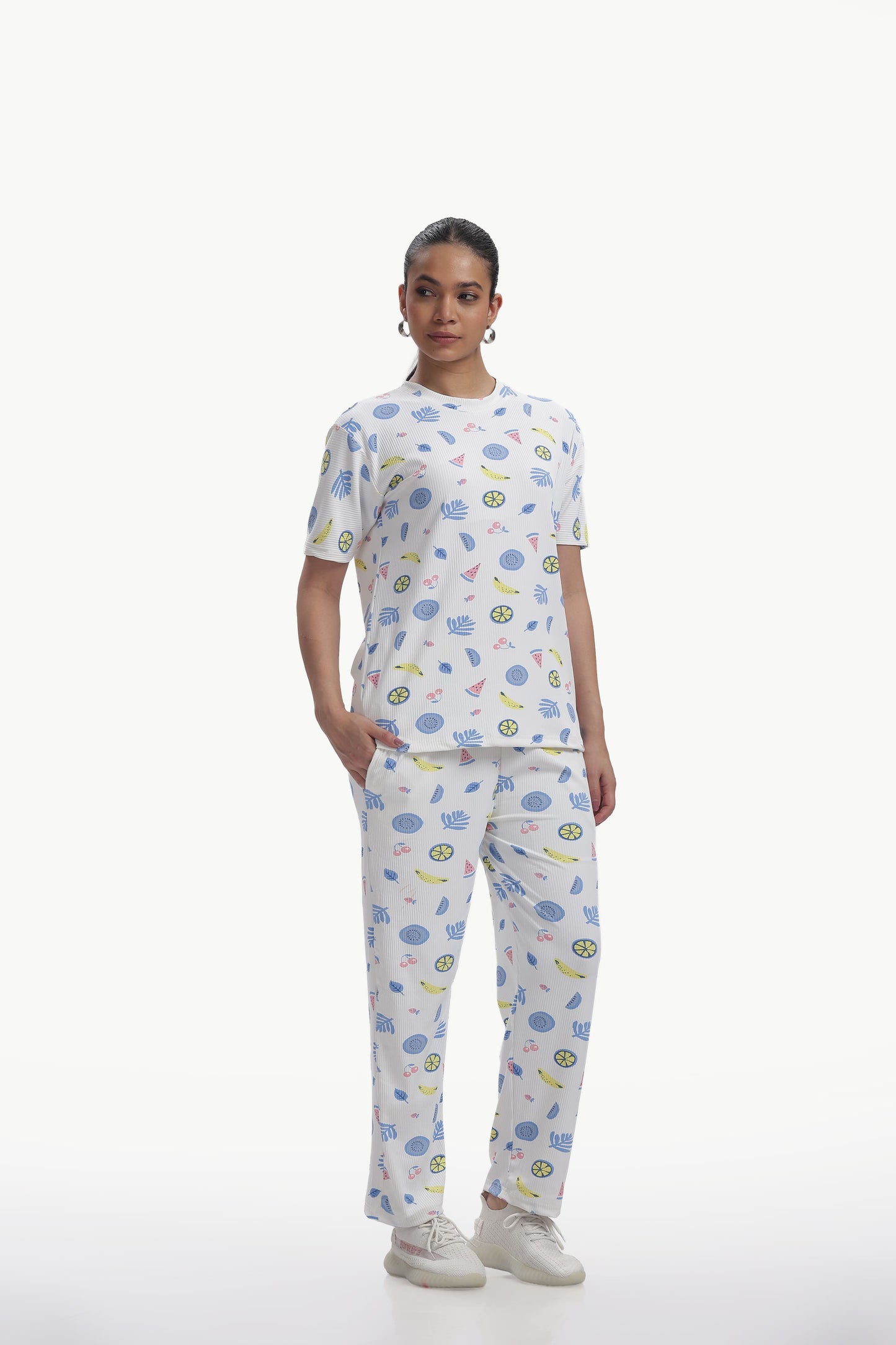 white Fruit print stretchable co-ordset