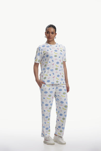 white Fruit print stretchable co-ordset
