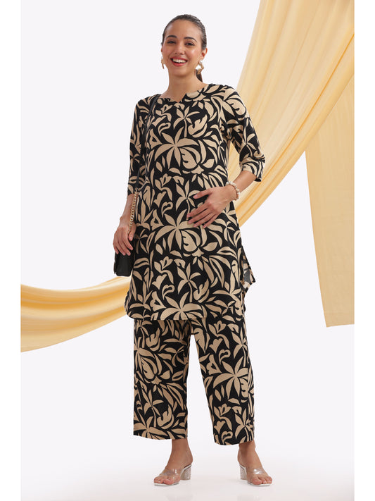 black and beige leaf-patterned punjabi co-ordset
