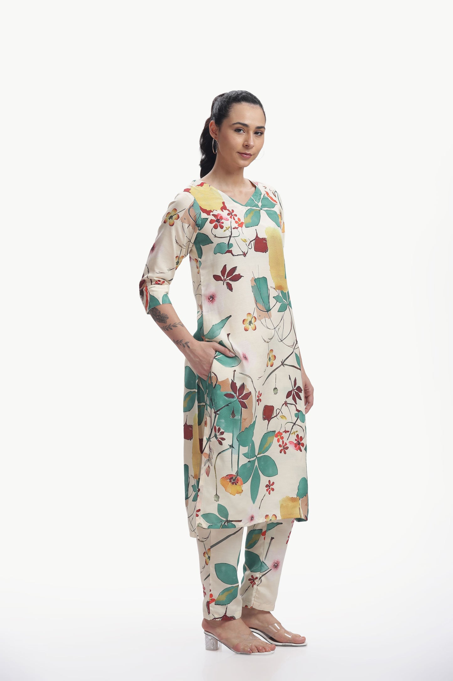 Cream Botanical Floral Kurta and pant set