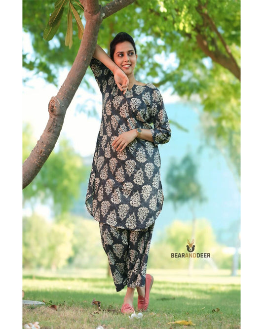 Black Rajasthani kalamkari cotton Pyjamaset
