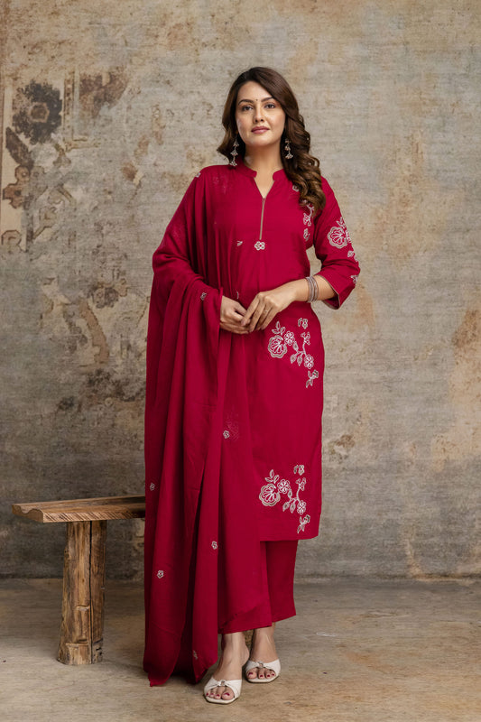 Stylish Red Embroidered COD Set with Dupatta