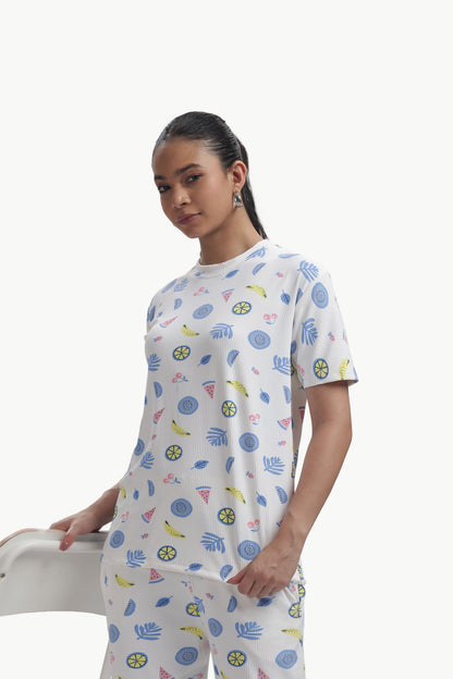 white Fruit print stretchable co-ordset
