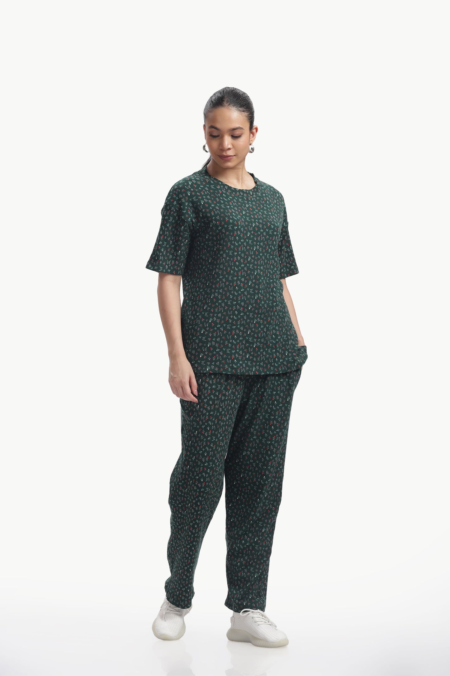 Green Floral print stretchable co-ordset
