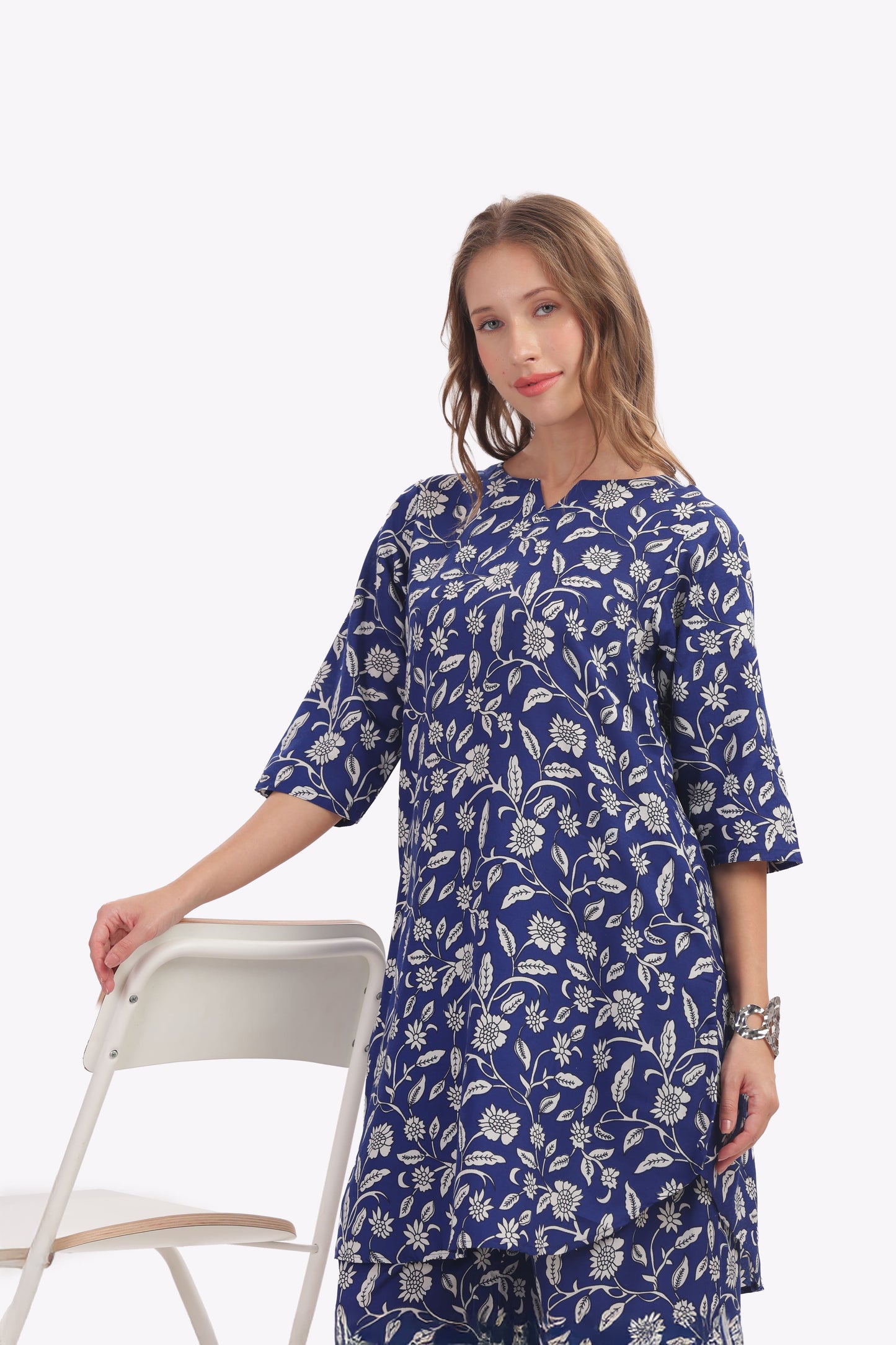 Navy Blue & White Floral Punjabi Co-ordset