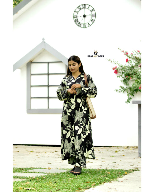 Black &White Floral Full Sleeve Rajasthani pyjamaset