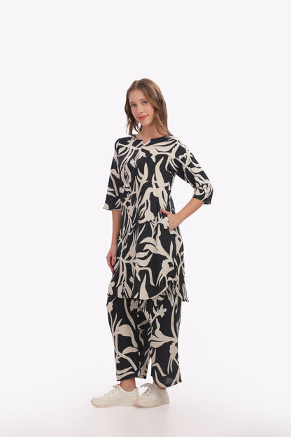 black and white abstract print punjabi co-ordset