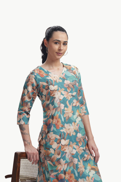 Tangerine Orange 
Floral Print Kurta and Pant Set