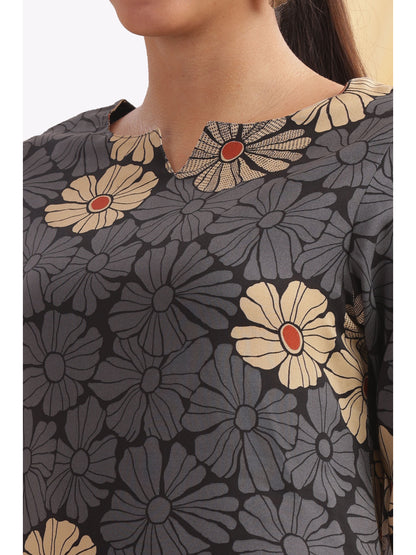 Dark grey cream floral Punjabi co-ordset