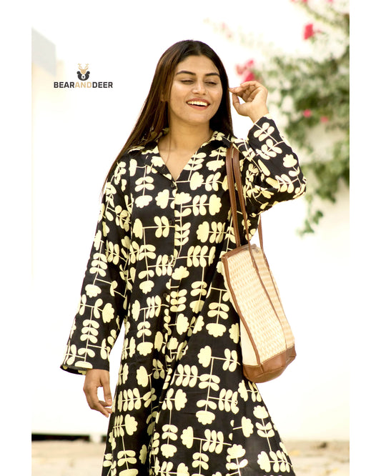 Black cream Floral Rajasthani pyjamaset