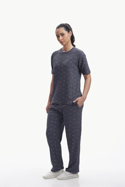 grey floral print ribbed Stretchable co-ordset