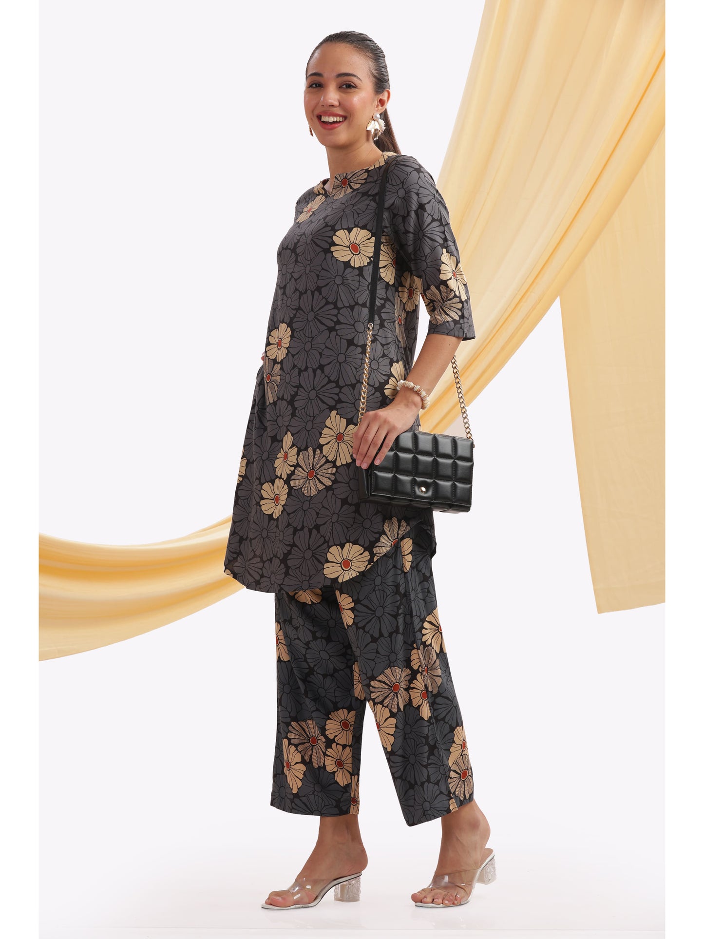 Dark grey cream floral Punjabi co-ordset