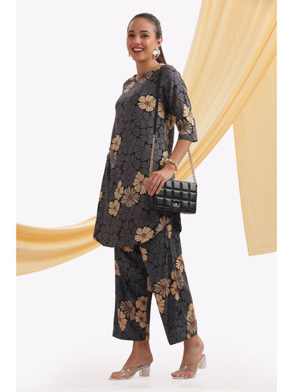 Dark grey cream floral Punjabi co-ordset