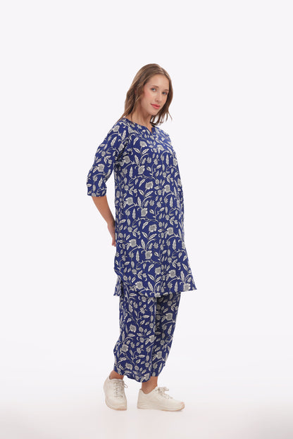 Navy Blue & White Floral Punjabi Co-ordset