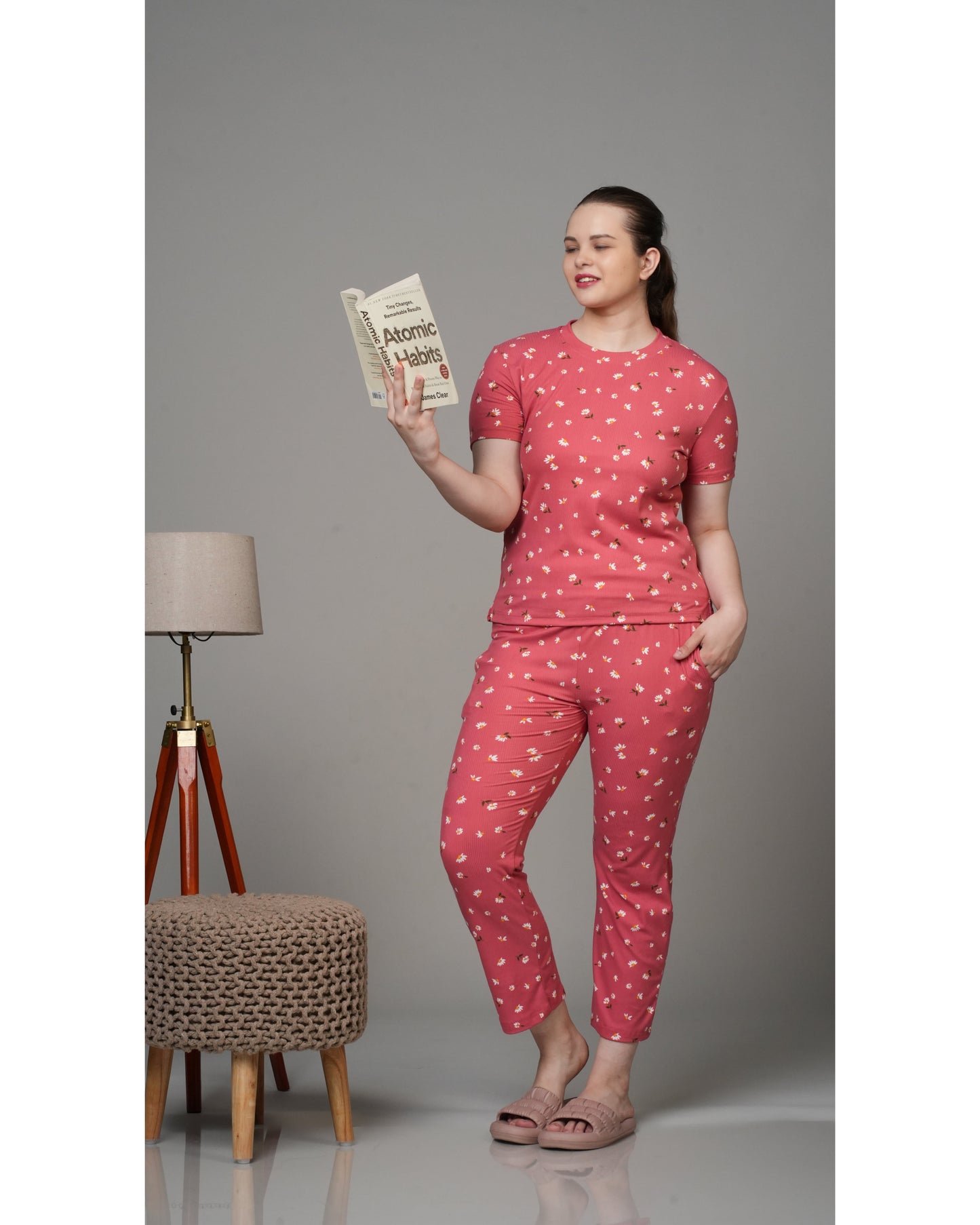 Coral Pink Floral Stretchable Co-ordset