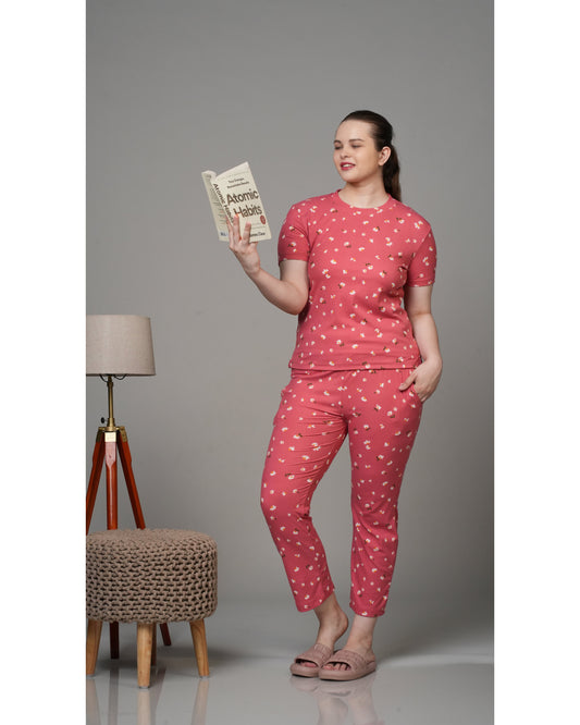 Coral Pink Floral Stretchable Co-ordset