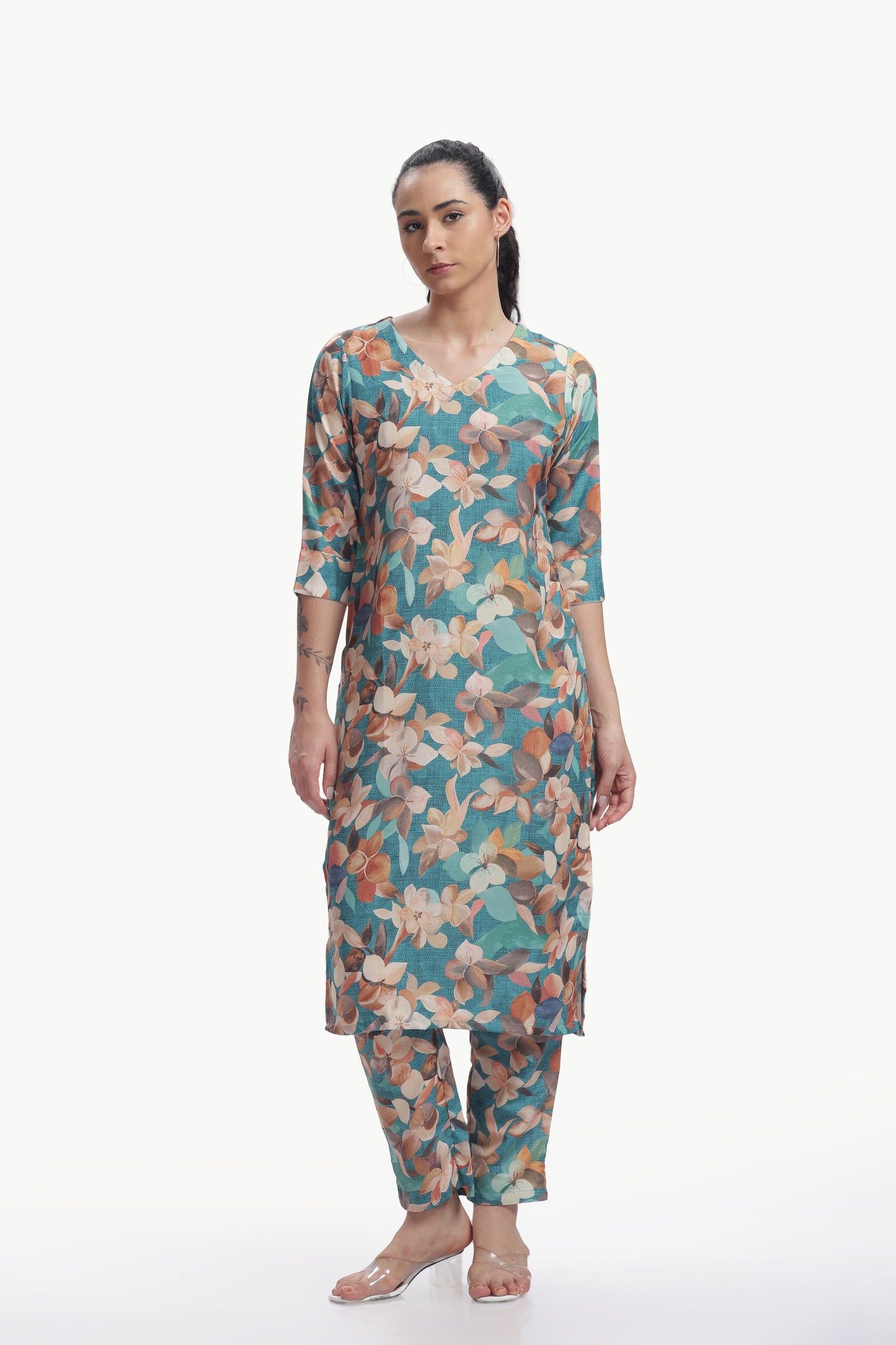 Tangerine Orange 
Floral Print Kurta and Pant Set