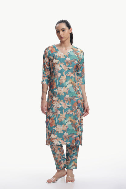 Tangerine Orange 
Floral Print Kurta and Pant Set