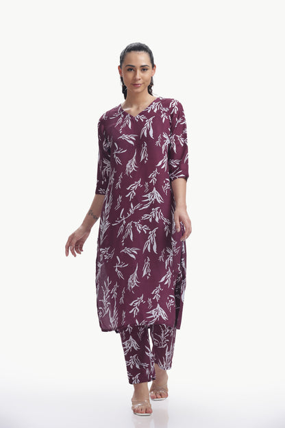 Maroon Muse Cotton Botanical Floral Printed Kurtaset