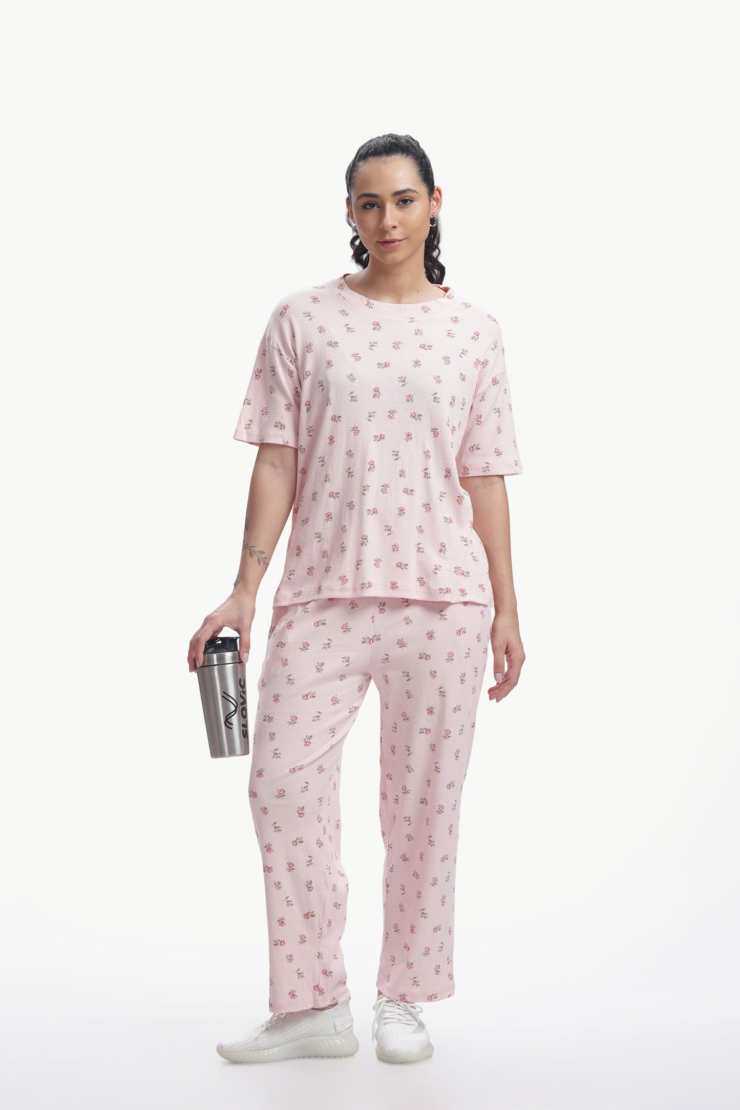 Pastel baby pink floral printed Stretchable Co-ordset