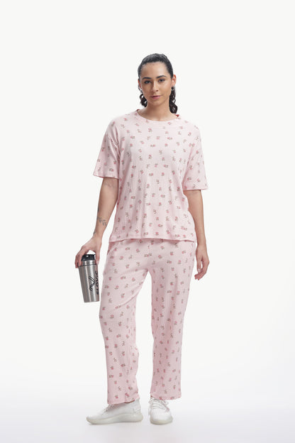 Pastel baby pink floral printed Stretchable Co-ordset