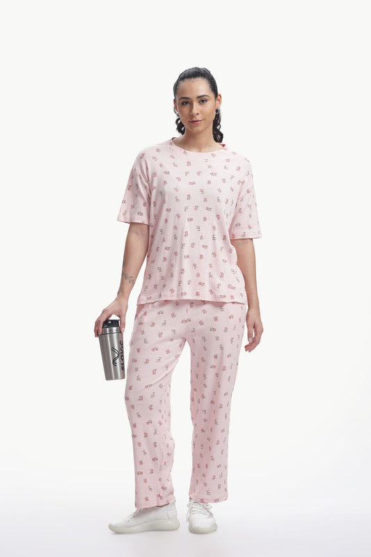 Pastel baby pink floral printed Stretchable Co-ordset