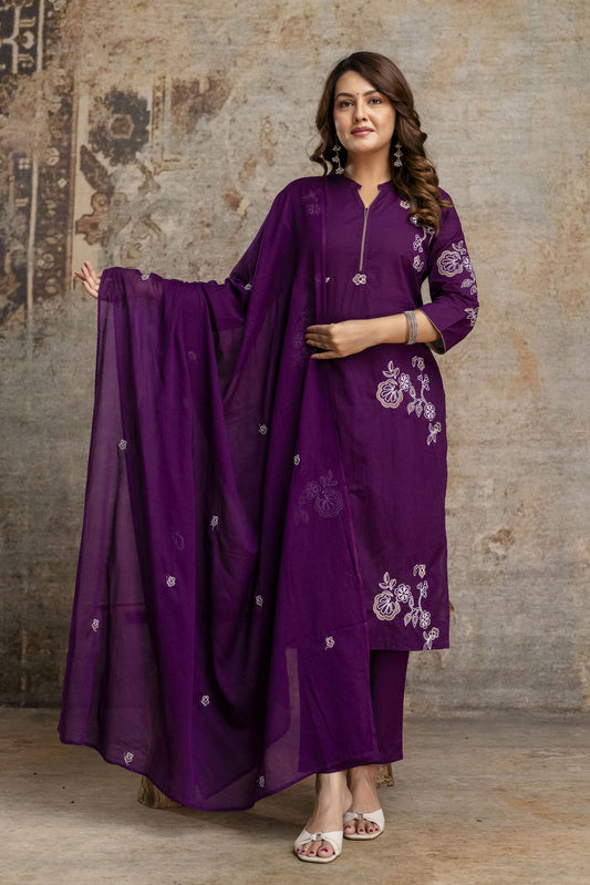 purple embroidered kurta set with Dupatta