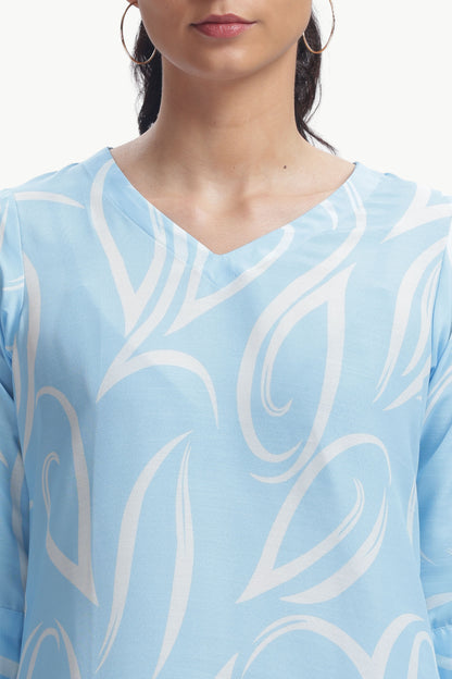 blue white printed kurta set