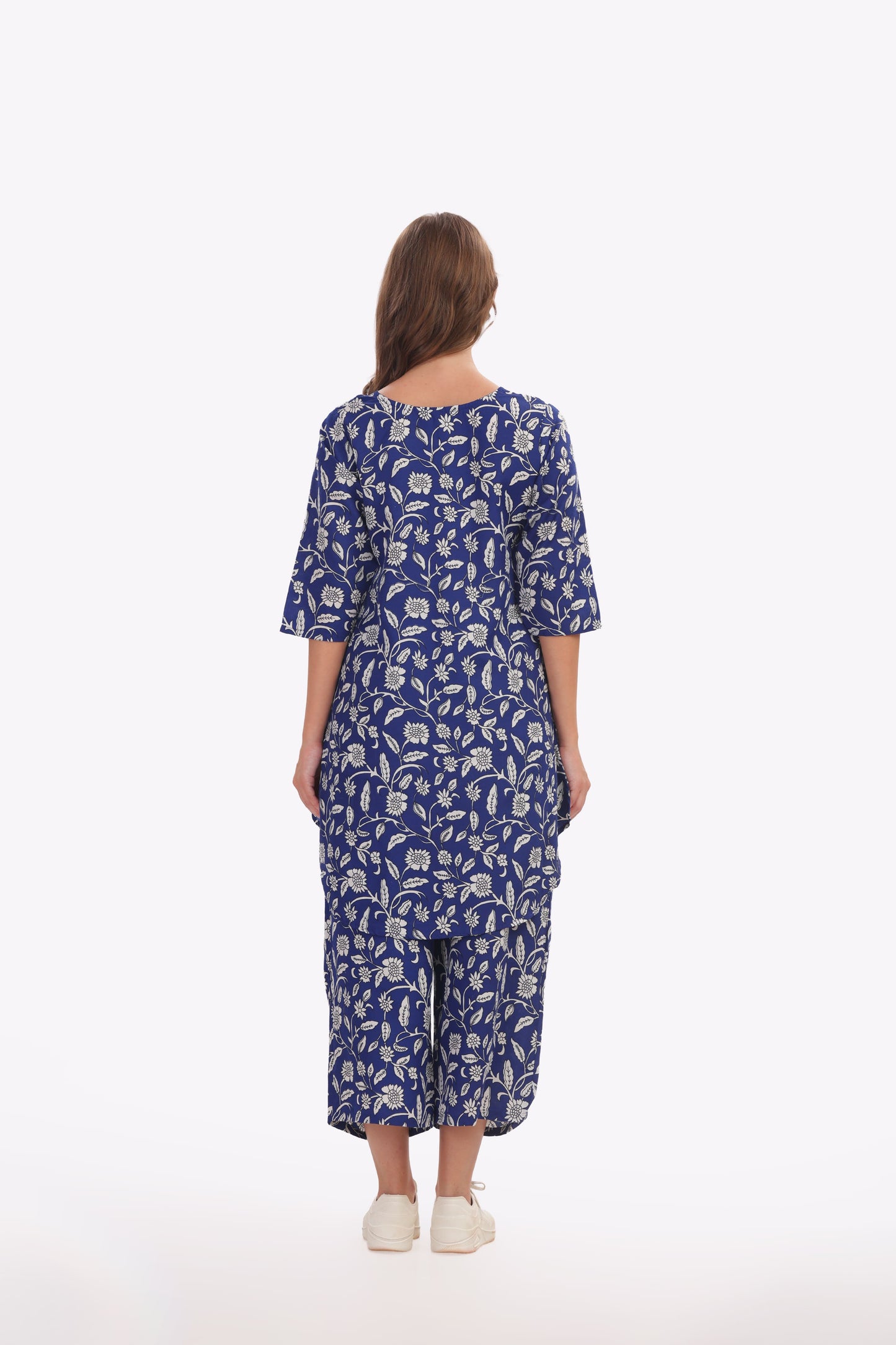 Navy Blue & White Floral Punjabi Co-ordset