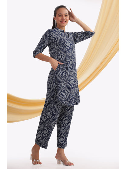 navy blue ethnic print punjabi co-ordset