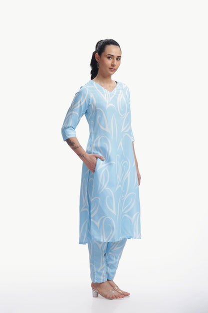blue white printed kurta set