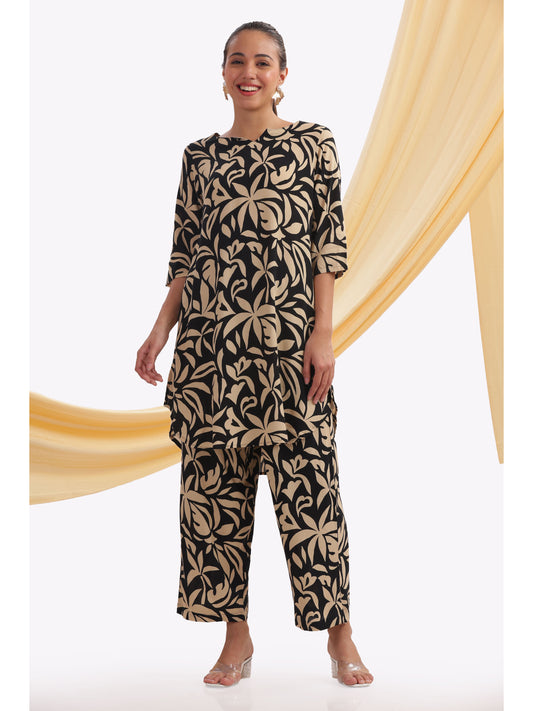 black and beige leaf-patterned punjabi co-ordset