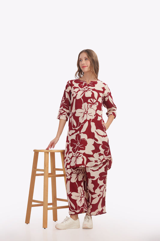 Maroon &Cream Floral Punjabi Co-ordset