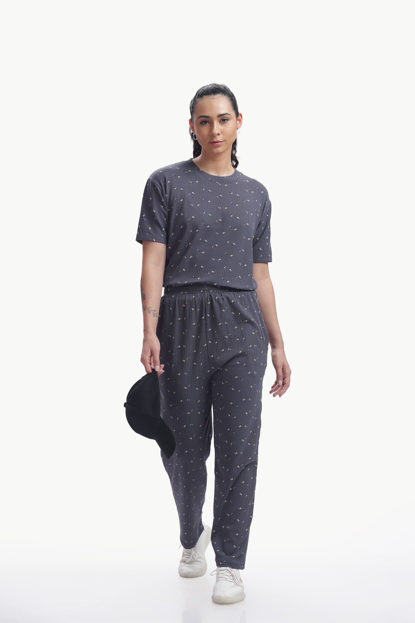 grey floral print ribbed Stretchable co-ordset