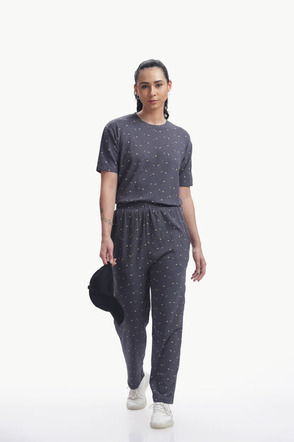 grey floral print ribbed Stretchable co-ordset