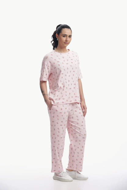 Pastel baby pink floral printed Stretchable Co-ordset