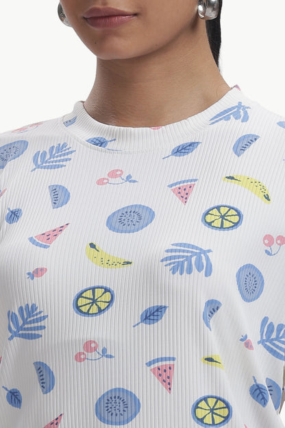 white Fruit print stretchable co-ordset
