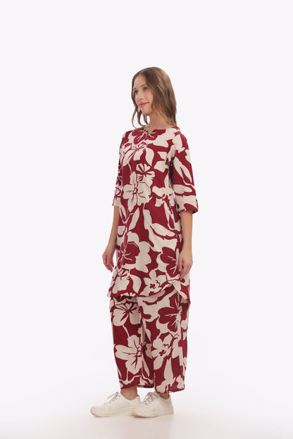 Maroon &Cream Floral Punjabi Co-ordset