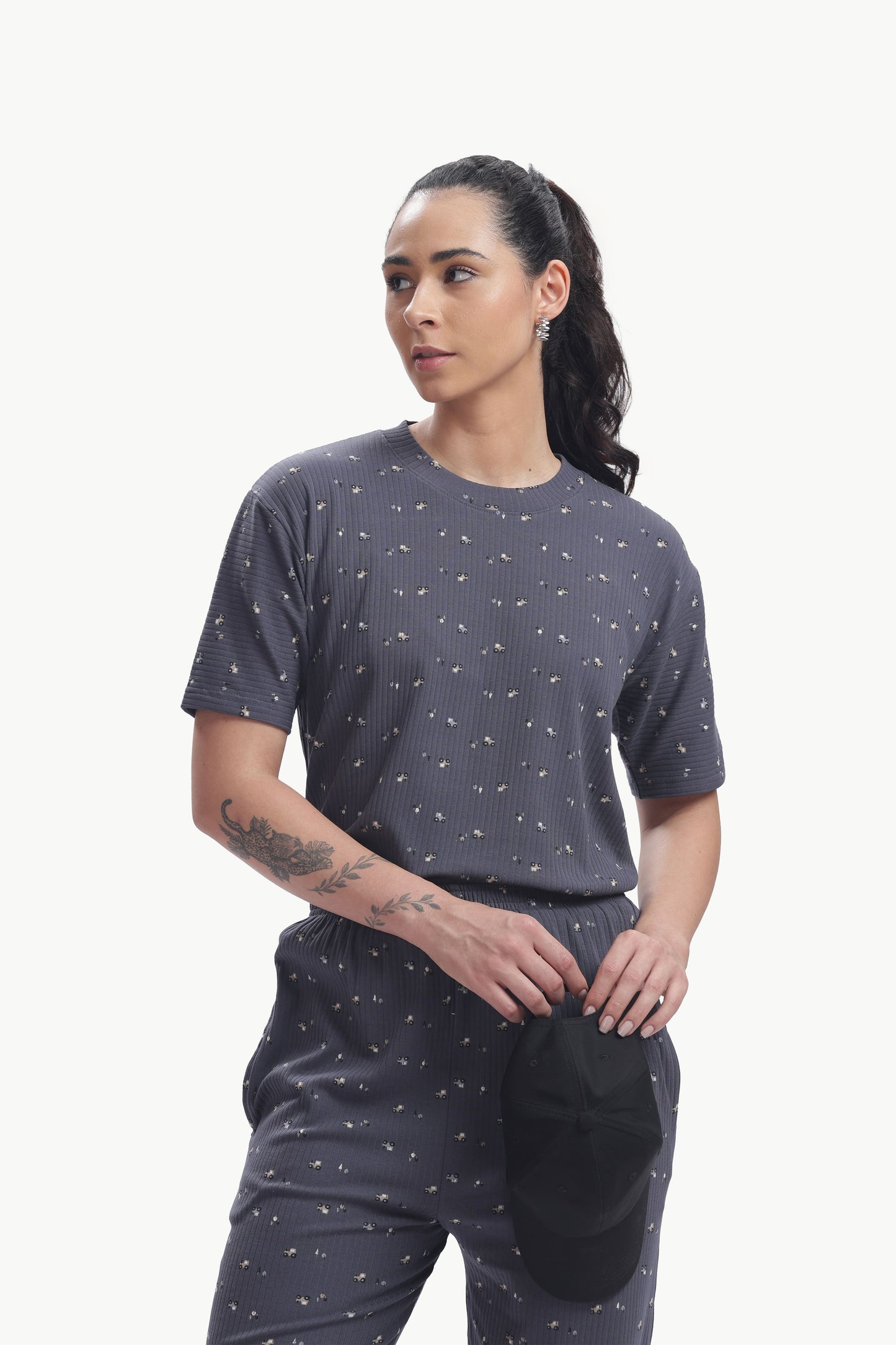 grey floral print ribbed Stretchable co-ordset