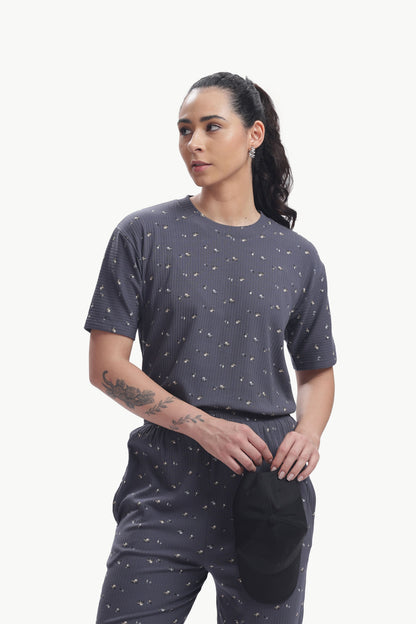 grey floral print ribbed Stretchable co-ordset