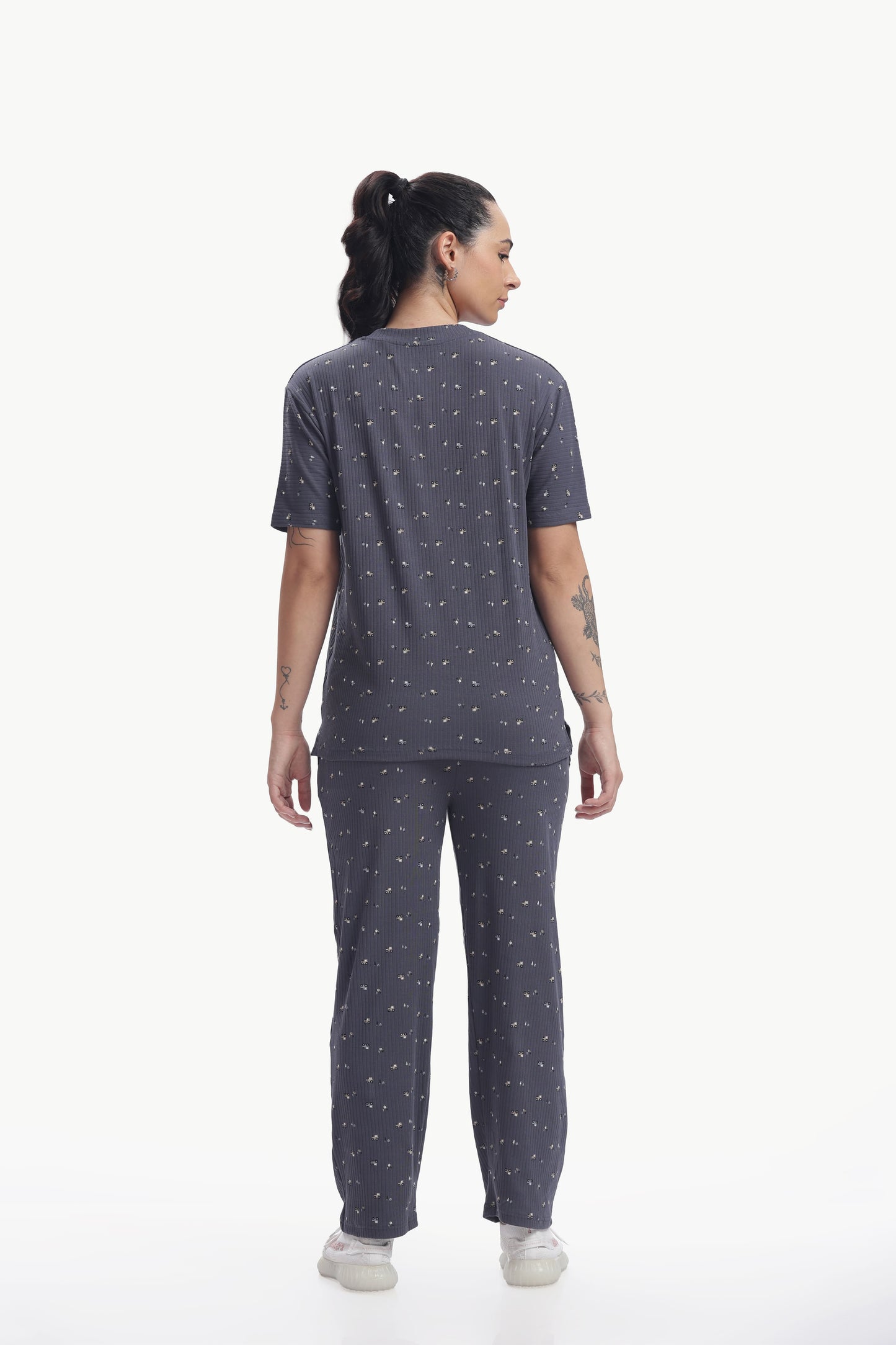grey floral print ribbed Stretchable co-ordset