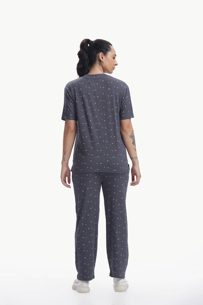 grey floral print ribbed Stretchable co-ordset