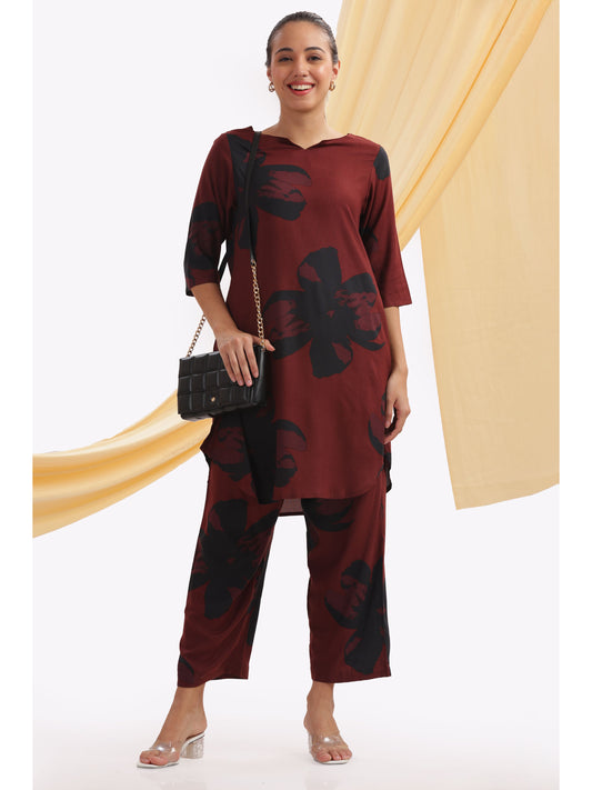 Maroon and black print Floral punjabi co-ordset