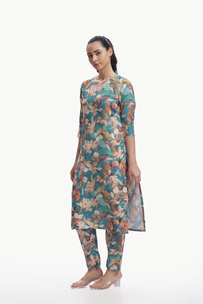 Tangerine Orange 
Floral Print Kurta and Pant Set