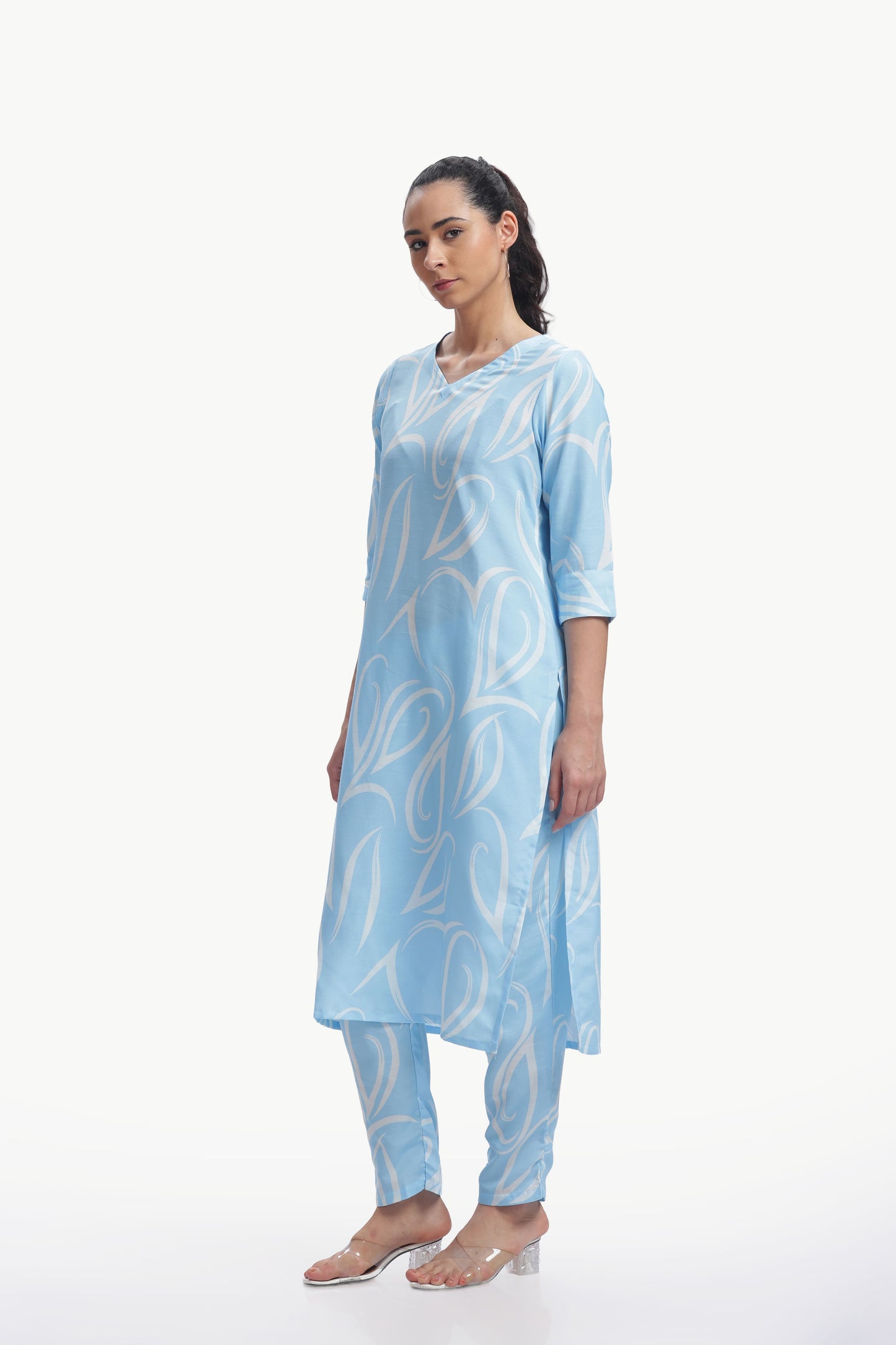 blue white printed kurta set
