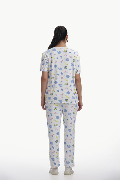 white Fruit print stretchable co-ordset