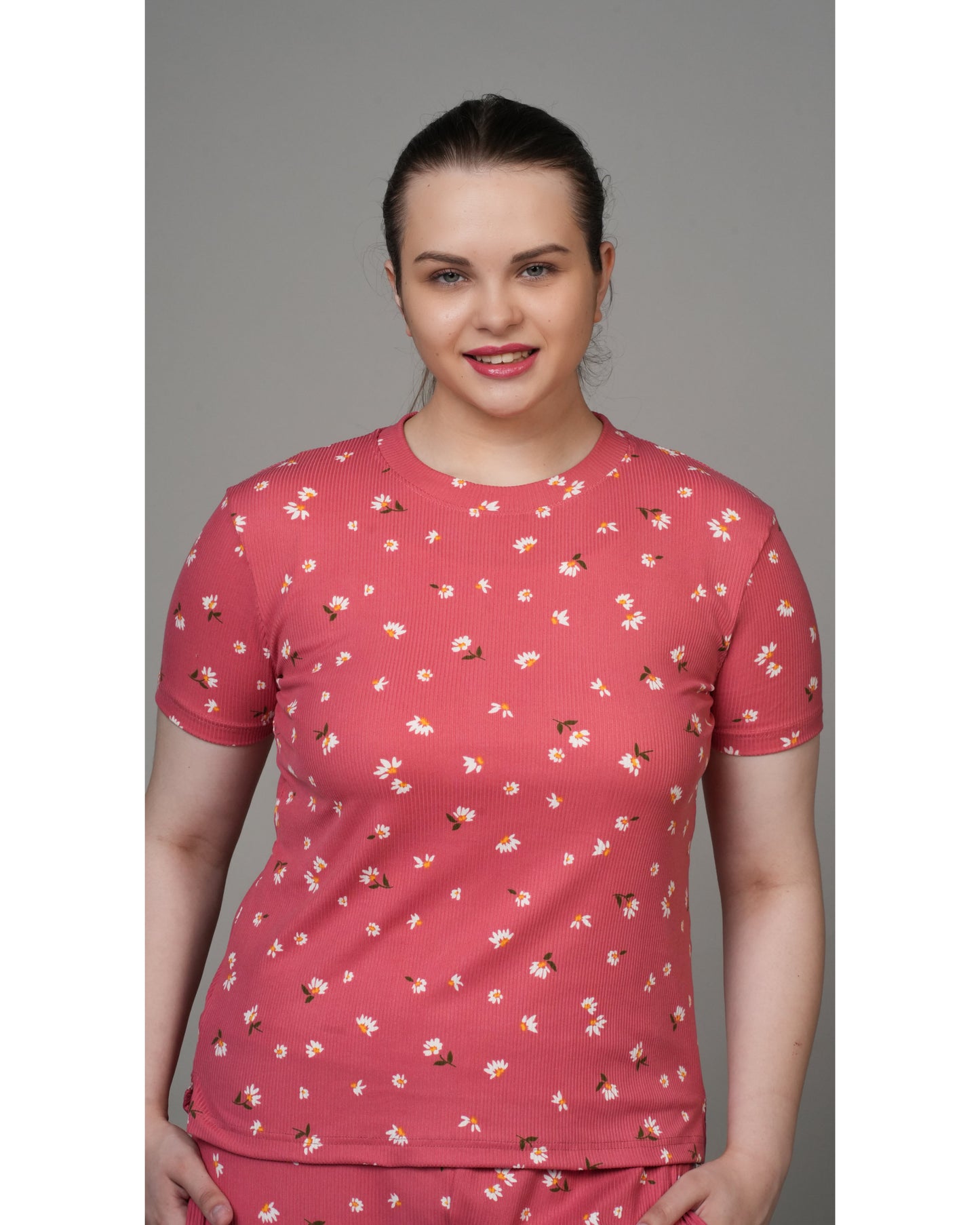 Coral Pink Floral Stretchable Co-ordset
