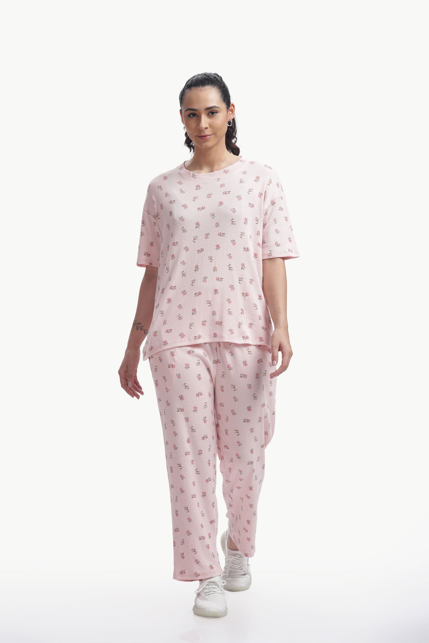 Pastel baby pink floral printed Stretchable Co-ordset
