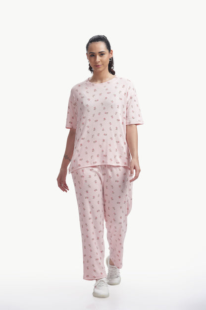 Pastel baby pink floral printed Stretchable Co-ordset