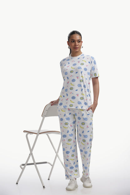white Fruit print stretchable co-ordset